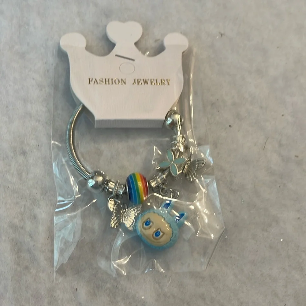Silver Labubu Monster cartoon Charm Bracelet with blue and Rainbow Accents nwt